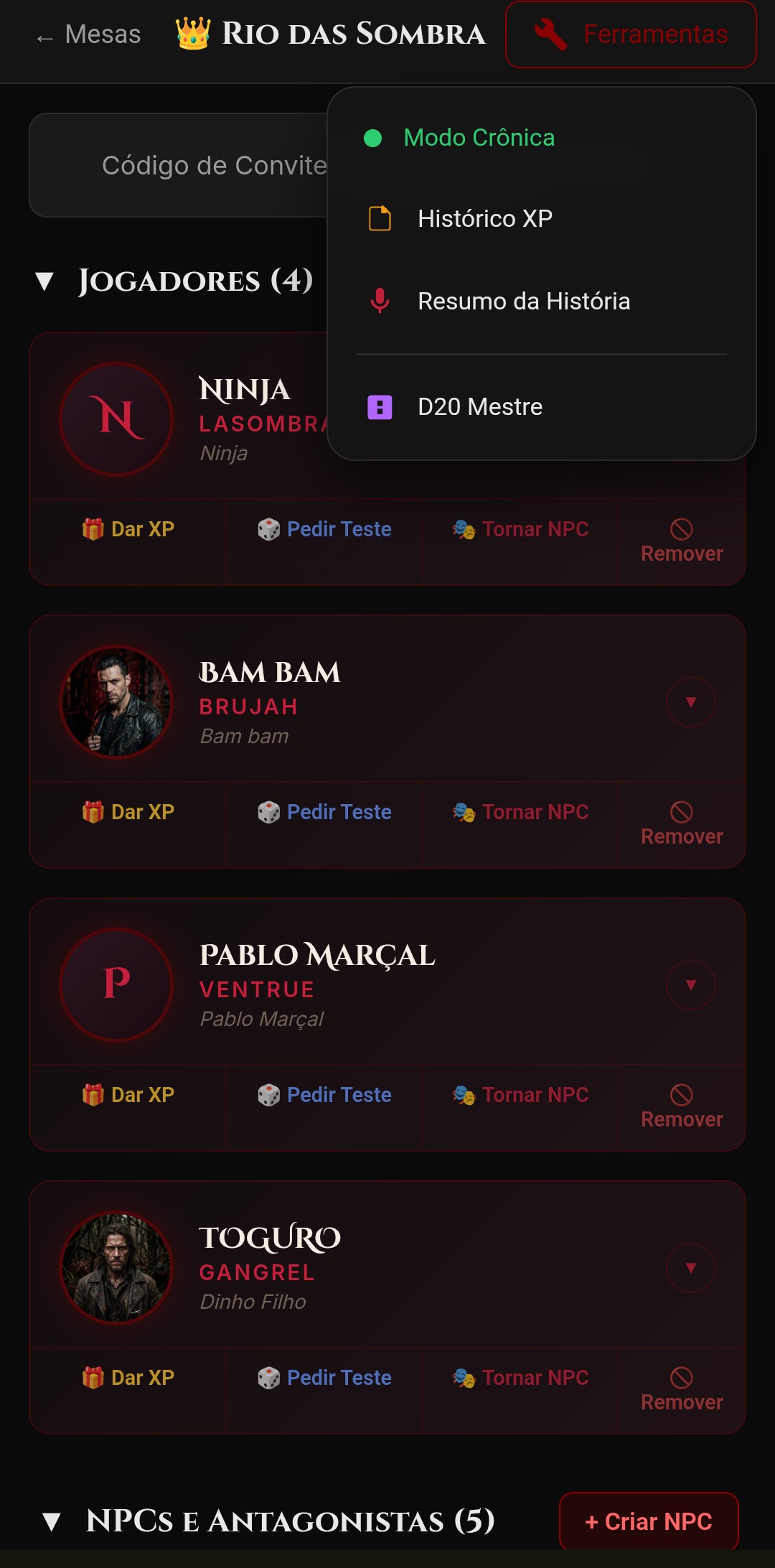 Demonstração do Painel do Narrador